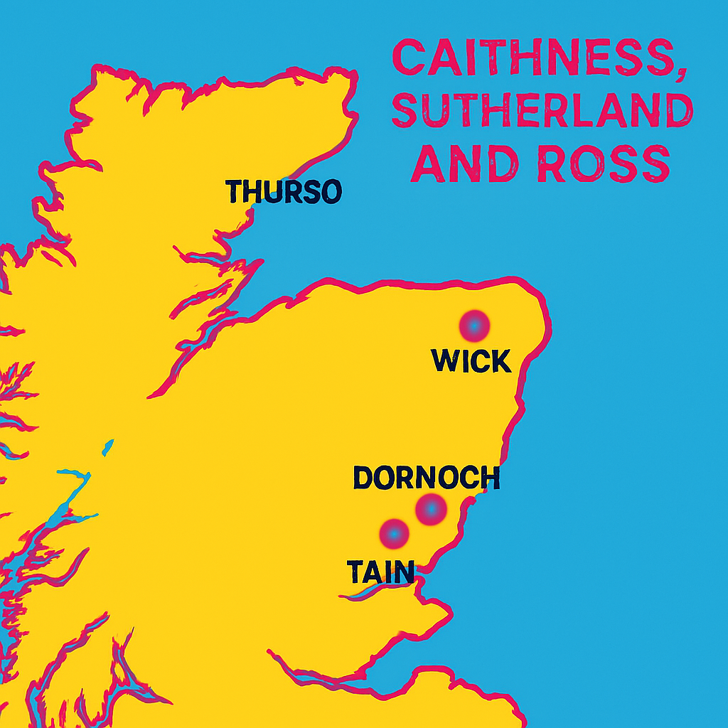Map of Caithness, Sutherland and Ross constituency showing major towns, transport links, and geographical features